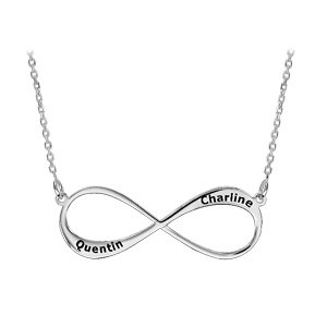 Collier en argent rhodié chaîne avec pendentif infini à graver 1 ou 2 prénoms – longueur 40cm + 5cm de rallonge