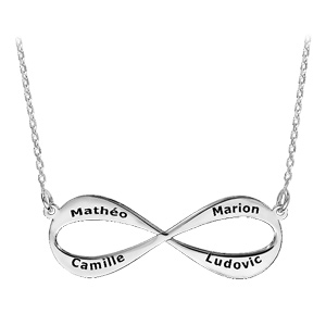 Collier en argent rhodié chaîne avec pendentif infini à graver 3 ou 4 prénoms – longueur 40cm + 5cm de rallonge