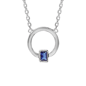 Collier en argent rhodié chaîne avec pendentif anneau avec élément rectangulaire orné d'1 oxyde bleu