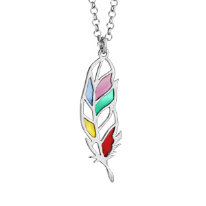 Collier en argent rhodié chaîne avec pendentif plume multicolore et ajourée - longueur 42cm + 3cm de