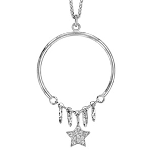 Collier en argent rhodié chaîne avec pendentif anneau avec plusieurs anneaux diamantés et étoile pavée d’oxydes blancs sertis suspendus – longueur 42cm + 5cm de rallonge