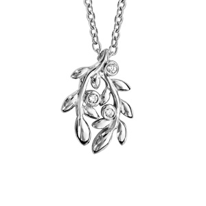 Collier en argent rhodié chaîne avec pendentif feuillage et oxydes blancs sertis clos - longueur 42c