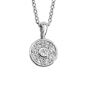 Collier en argent rhodié chaîne avec pendentif rond pavé d’oxydes blancs et 1 oxyde blanc serti clos au milieu – longueur 42cm + 3cm de rallonge