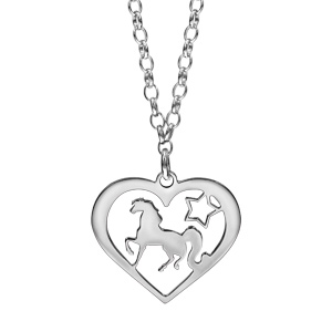 Collier en argent rhodié chaîne avec pendentif coeur ajouré licorne 40+5cm