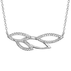 Collier en argent rhodié chaîne avec au milieu feuilles évidées lisses et ornées d’oxydes blancs sertis – longueur 40cm + 4cm de rallonge