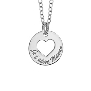 Collier en argent rhodié chaîne avec pendentif rondelle gravée « Je t’aime maman » et découpé en forme de coeur au milieu – longueur 40cm + 5cm de rallonge