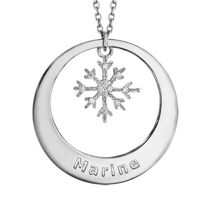 Collier en argent rhodié chaîne avec pendentif anneau prénom à graver et flocon de neige suspendu – longueur 42cm + 3cm de rallonge