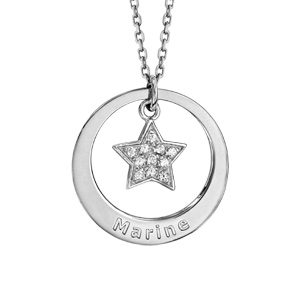 Collier en argent rhodié chaîne avec pendentif anneau prénom à graver et étoile pavée d’oxydes blancs sertis suspendu – longueur 40cm + 5cm de rallonge