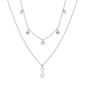 Collier en argent rhodié double chaîne pastilles lisses et oxydes blancs sertis clos l’autre avec infini 41cm + 3cm