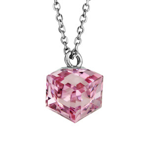 Collier en argent rhodié chaîne avec pendentif cube cristal rose 42cm + 3cm