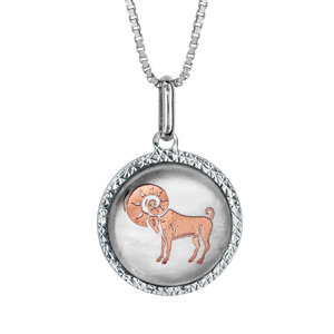 Collier en argent rhodié pendentif rond nacre blanche véritable zodiaque dorure rose bélier 42cm + 3