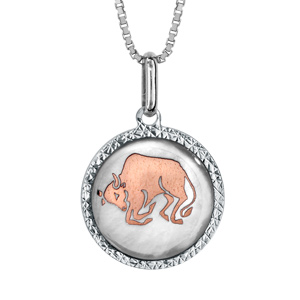 Collier en argent rhodié pendentif rond nacre blanche véritable zodiaque taureau dorure rose 42cm + 