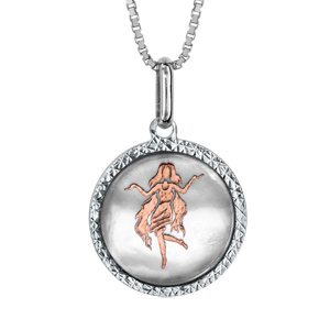 Collier en argent rhodié pendentif rond nacre blanche véritable zodiaque vierge dorure rose 42cm + 3