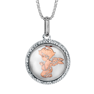 Collier en argent rhodié pendentif rond nacre blanche véritable Ange dorure rose 42cm + 3cm