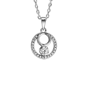 Collier en argent rhodié chaîne avec pendentif rond oxydes blancs sertis et 1 oxyde blanc serti clos