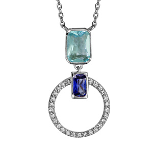 Collier en argent rhodié chaîne avec pendentif cercle empierré blanc et pierres tons bleu clair et f