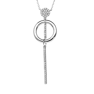 Collier en argent rhodié chaîne en forme Y avec pendentif cercle oxydes blancs sertis et baguette pe