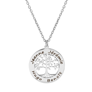 Collier en argent rhodié chaîne avec pendentif prénoms à graver petit arbre de vie 20mm longueur 38+4cm