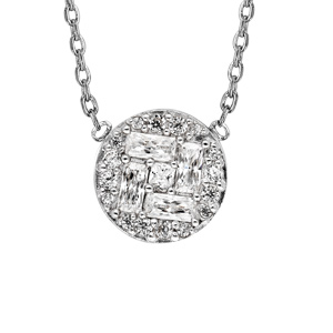 Collier en argent rhodié chaîne avec pendentif rond pavé oxydes blancs sertis 42cm