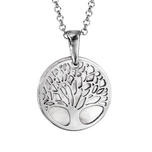 Collier en argent rhodié chaîne avec pendentif arbre de vie ajouré fond nacre blanche véritable - lo