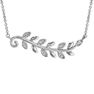 Collier en argent rhodié chaîne avec pendentif feuillage lisse et oxydes blancs 40cm + 4cm