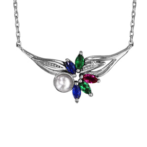 Collier en argent rhodié chaîne avec pendentif perle blanche de synthèse et pierres multicolores sertis 40+5cm