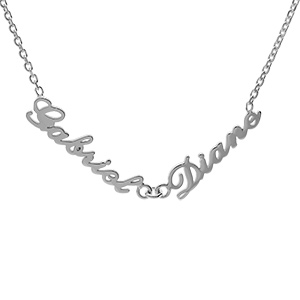 Collier en argent chaîne maille forçat avec découpe anglaise 2 prénoms – longueur 40cm + 3cm de rallonge