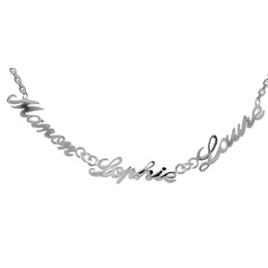 Collier en argent chaîne maille forçat avec découpe anglaise 3 prénoms – longueur 40cm + 3cm de rallonge