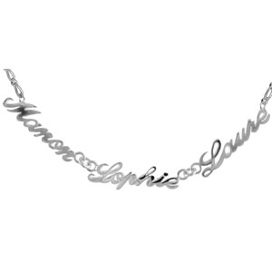 Collier en argent chaîne mailles 1+1 largeur 2mm avec découpe anglaise 3 prénoms – longueur 40cm + 3cm de rallonge
