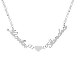 Collier en argent chaîne mailles 1+1 largeur 2mm avec découpe anglaise 2 prénoms séparés par un coeur – longueur 40cm + 3cm de rallonge