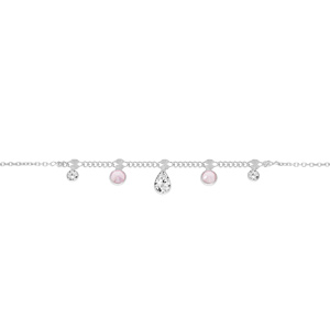 Chaîne de cheville en argent platiné avec pampilles oxydes rose et blancs 22+3cm
