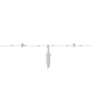 Chaîne de cheville en argent platiné avec pampille plume et rondelles Turquoise véritable 22+3cm