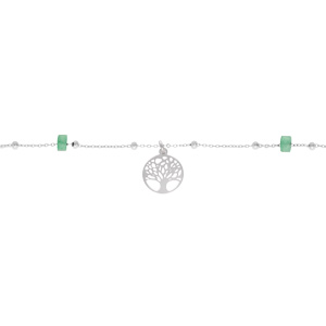 Chaîne de cheville en argent platiné avec pampille arbre de vie et Jade vert véritable 22+3cm