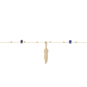 Chaîne de cheville en argent et dorure jaune avec pampille plume et rondelles Lapis Lazuli véritable