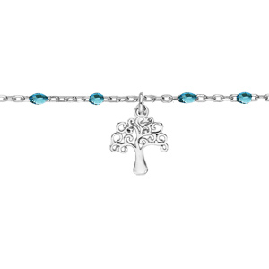 Chaîne de cheville en argent rhodié perles bleu tranparent et arbre de vie 23+3cm