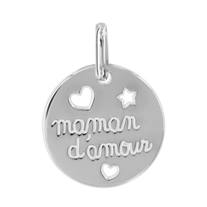 Pendentif en argent rhodié médaille gravée « maman d’amour » et coeurs et étoile découpés