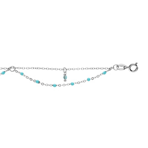 Chaîne de cheville en argent rhodié 2 rangs avec boules couleur turquoise 23+3cm
