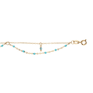 Chaîne de cheville en argent dorure jaune 2 rangs avec boules couleur turquoise 23+3cm