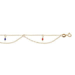 Chaîne de cheville en argent et dorure jaune 2 rangs avec boules multi couleurs 23+3cm