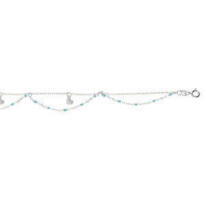 Chaîne de cheville en argent rhodié 2 rangs avec boules couleur turquoise et coeurs 23+3cm