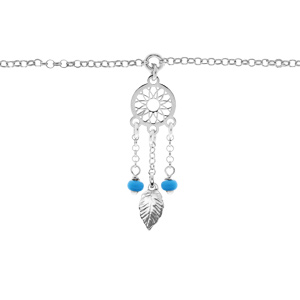 Chaîne de cheville argent rhodié pampille attrape rêve et perles bleues ciel 23+3cm