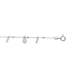 Chaîne de cheville en argent rhodié avec pampilles coeurs et étoiles boules roses 23+3cm