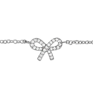 Chaîne de cheville en argent rhodié avec noeud féminin orné d'oxydes blancs sertis - longueur 23cm +