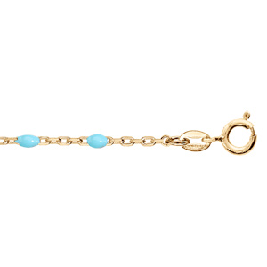 Chaîne de cheville en argent et dorure jaune mailles et olives couleur turquoise 23+3cm