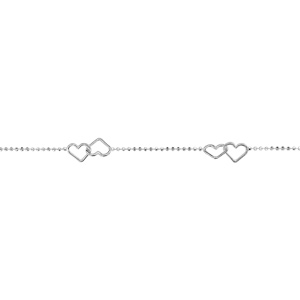 Chaîne de cheville en argent maille boules avec 3 doubles coeur emmaillés – longueur 23cm + 3cm de rallonge