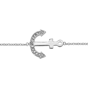 chaîne de cheville en argent rhodié avec ancre de marine ornée d'oxydes blancs sertis - longueur 22cm + 3cm de rallonge