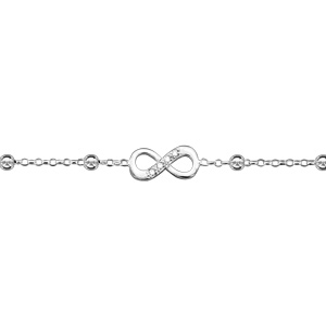 Chaîne de cheville en argent rhodié boules et infini oxydes blancs sertis 23cm + 3cm de rallonge