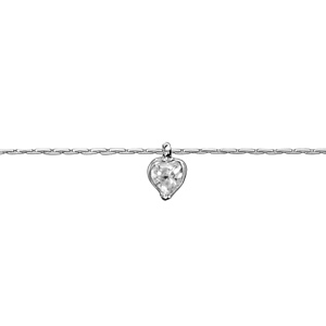 Chaîne de cheville en argent rhodié pampille coeur oxyde blanc serti 23cm + 3cm de rallonge