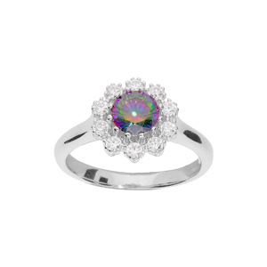 Bague en argent rhodié fleur en oxyde arc en ciel mystique contour oxydes blancs sertis