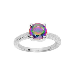 Bague en argent rhodié demi rail d'oxydes blancs sertis et oxyde rond arc en ciel mystique